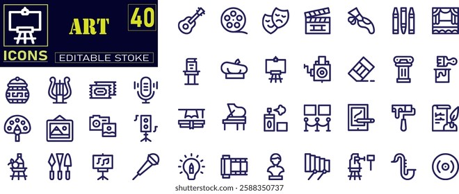 Set of art and entertainment icons. Containing literature, architecture, sculpture, artist, exhibition, painting, music, design and museum icons.