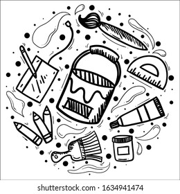 Set of art equipment and stationary icon set outline stroke in white background.