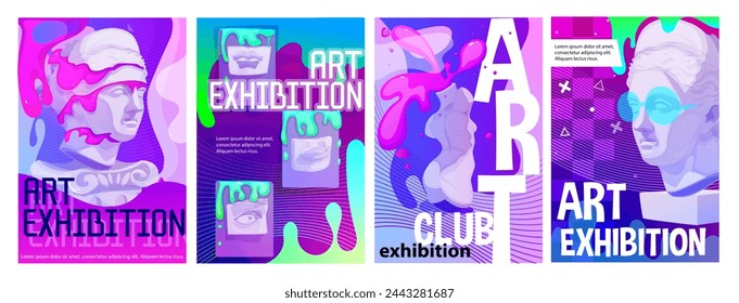 Set of Art exhibition posters. Acid retro flyers with sculptures and statues in trendy modern style. Invitation to museum or gallery. Cartoon flat vector illustrations isolated on white background