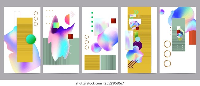 Set Art Foil and Gradient mesh cover of backgrounds texture foil pearl shades. Abstract stylish gradient with holographic foil. 90s, 80s retro style
