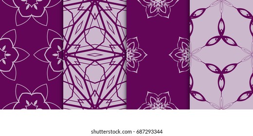 set of art geometric seamless pattern of different geometric shapes. vector illustration. purple color