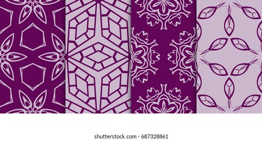 set of art geometric seamless pattern of different geometric shapes. vector illustration. purple color