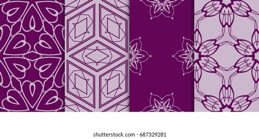 set of art geometric seamless pattern of different geometric shapes. vector illustration. purple color