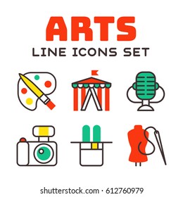 Set of art icons in flat design camera picture brush palette entertainment symbols and artist ink graphic color creativity movie collection vector illustration.