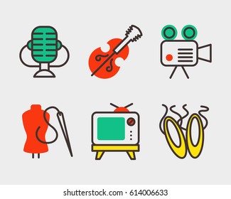 Set of art icons in flat design camera picture brush palette entertainment symbols and artist ink graphic color creativity movie collection vector illustration.