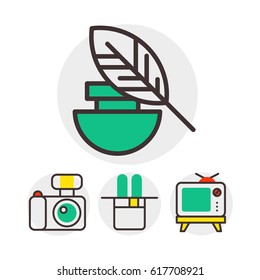 Set of art icons in flat design camera picture brush palette entertainment symbols and artist ink graphic color creativity movie collection vector illustration.