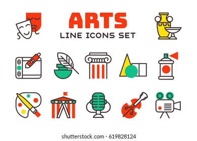 Set of art icons in flat design camera picture brush palette entertainment symbols and artist ink graphic color creativity movie collection vector illustration.