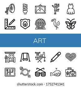 Set of art icons. Such as Flash, Ruler, Lightbulb, Bear, Picture, Modern architecture, Traditional dance, Flamingo, Dress, Butterfly, Armchair, Gearstick, Swing, Gender fluid , art icons