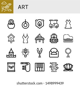 Set Of Art Icons Such As Plane, Matryoshka, Swing, Bear, Golf Cart, Dress, Bird House, Shirt, Piano, Backpack, Kremlin, Lightbulb, Street Lamp, Armchair, Third Gender, Seed Bag , Art