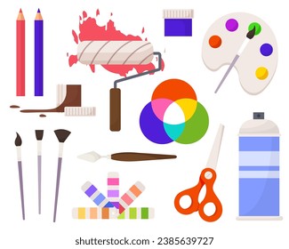 Set of art making tools including brushes, pallets, palettes, easel and canvas flat design illustration, in the style of colorful figures, wood sculptor, impressionist colorism. Artists tools set