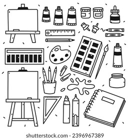 Set of art materials doodle, hand draw, on white background, flat vector illustrations