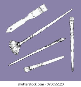 Set of art materials isolated on pastel violet background. Art utensils. Sketch drawn by ink. Hand drawn vector illustration.
