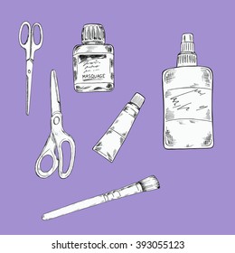 Set of art materials isolated on pastel lilac background. Art utensils. Sketch drawn by ink. Hand drawn vector illustration.