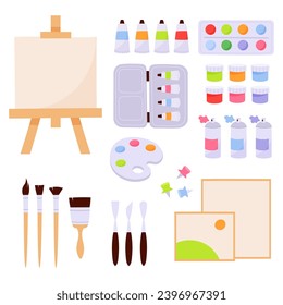 Conjunto de materiales artísticos sobre fondo blanco, ilustraciones de vectores planos