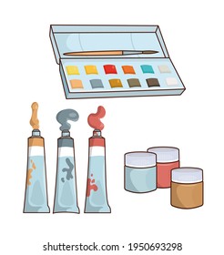 Set with art materials, paints and brushes. Paints and a palette for drawing. Working tools of the artist. Design element, layout, print.