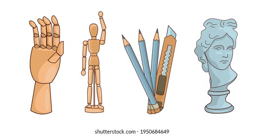 Set with art materials. A puppet, a wooden doll and a wooden hand on hinges, pencils and a stationery knife. Plaster head of David. Design element, layout, print.