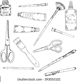 Set of art materials. Art utensils. Sketch drawn by ink. Hand drawn vector illustration.