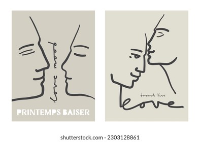 Set of art modern prints with kissing people in black line matisse style isolated on beige.  Collection contemporary posters for wall decor. Backgrounds with portraits of lovers. Vector illustration