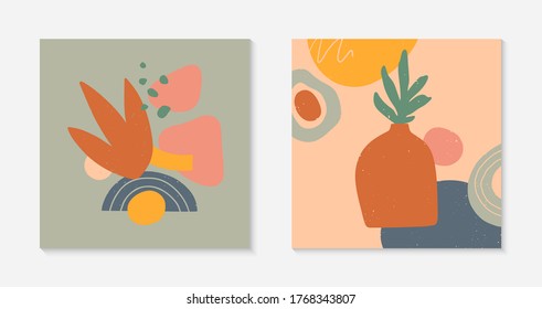 Conjunto de ilustraciones vectoriales modernas de arte con jarrón, hojas, formas orgánicas y elementos.Impresiones artísticas de terracota.Diseño contemporáneo a la moda perfecto para plantillas de carteles;medios sociales, invitaciones;portadas.