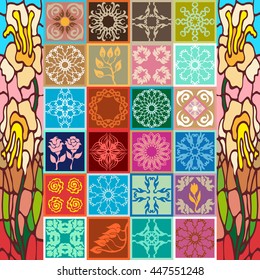 Set of Art Nouveau ceramic tiles. Colorful mosaic with abstract flowers and narcissus. Italian, Spanish, Turkish motifs.