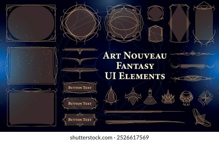 Set von Art Nouveau Fantasy Elements für Benutzeroberfläche, Poster, Video. Fantasy Magic HUD. Vorlage für die Schnittstelle des RPG-Spiels. Vektorgrafik EPS10