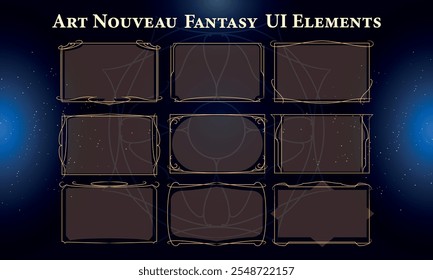 Set of Art Nouveau Fantasy Elements for user interface, poster, video (conjunto de elementos de fantasia Art Nouveau para interface de usuário, pôster e vídeo). Fantasia mágica HUD. Modelo para a interface do jogo rpg. Ilustração de vetor EPS10