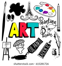 Set of art object. Stationary elements in black and white colors. Painting is my passion. Tube of paint, paint palette, Artistic pen, The head of an artist in a beret, brush, mustache eye, ink