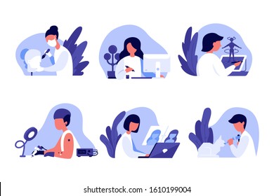 Set of art occupations. Concepts of designer and illustrator, tattoo artist, photo editor, 3D artist, sculptor and restorer. Scenes with professions. Modern flat cartoon style.