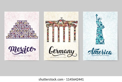 set of art ornamental travel and architecture on ethnic floral style flyers. Vector decorative banner of card or invitation design. Historical monuments of France, India, Japan, China, Egypt, Russia