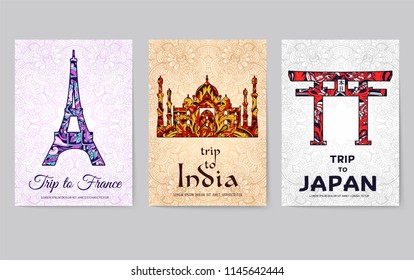 set of art ornamental travel and architecture on ethnic floral style flyers. Vector decorative banner of card or invitation design. Historical monuments of France, India, Japan, China, Egypt, Russia