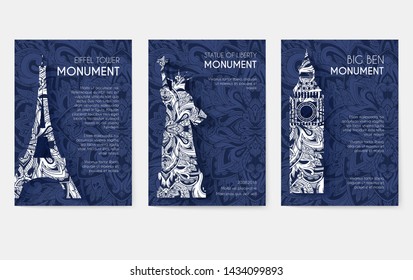 set of art ornamental travel and architecture on ethnic floral style flyers. Vector decorative banner of card or invitation design. Historical monuments of France, India, New York, Englamd