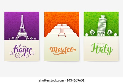 set of art ornamental travel and architecture on ethnic floral flyers. Vector decorative banner of card or invitation design. Historical monuments of USA, China, Egypt, France, Mexico, Italy 