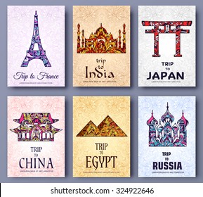 set of art ornamental travel and architecture on ethnic floral style flyers. Vector decorative banner of card or invitation design. Historical monuments of France, India, Japan, China, Egypt, Russia. 