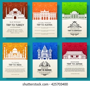 set of art ornamental travel and architecture on ethnic floral flyers. Vector decorative banner of card or invitation design. Historical monuments of Tourkey, Austria, Germany, India, Japan, Russia