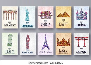 set of art ornamental travel and architecture on ethnic floral style flyers. Vector decorative card. Historical monuments of France, India, Japan, China, Egypt, Russia, England, Italy, USA, Germany