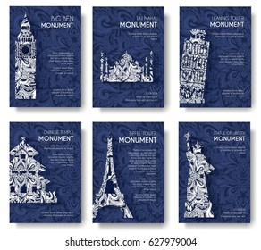 set of art ornamental travel and architecture on ethnic floral style flyers. Vector decorative banner of card or invitation design. Historical monuments of France, England, Italy, USA, Germany, Mexico