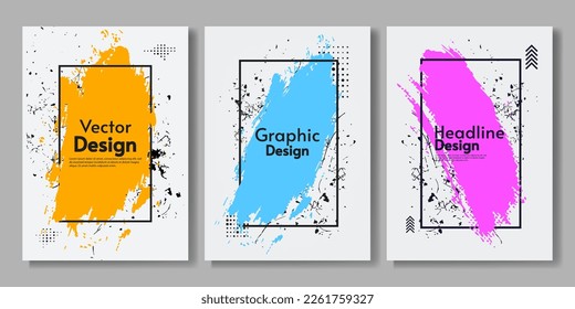 Set von Malplakaten mit weißem Hintergrund. Design für Poster, Cover, Banner, Broschüre, Grußkarte, Visitenkarte. Schmutzspritzer mit Rahmen und Form. Abstrakte Plakate. 