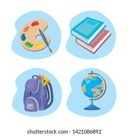 set of art palette with books and backpack with global map