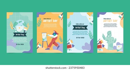 set of art Poster icons for painting, culture, sculpture, music and design exhibitions. Modern illustration with a beautiful painting concept on a green background.