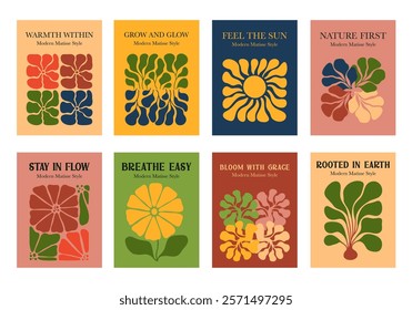 Set of art posters with Matisse Curves in doodles. Minimal Colorful Botanical and Groovy Abstract 