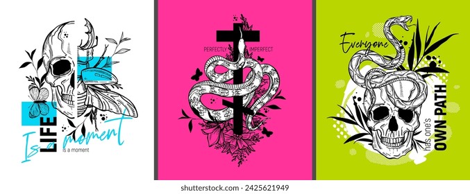 Set of art posters with skulls and snakes. Hand drawn vector illustrations for covers and prints