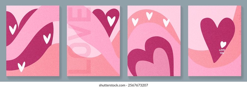 Set of art posters for Valentine's Day in pink and purple colors in a modern style. Postcards for designing greetings, invitations, interiors, posters, packaging, gifts.