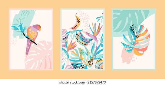 Set of art prints with abstract tropical nature. Fresh and bright colors. Modern vector design for posters, cards, cover packaging and more