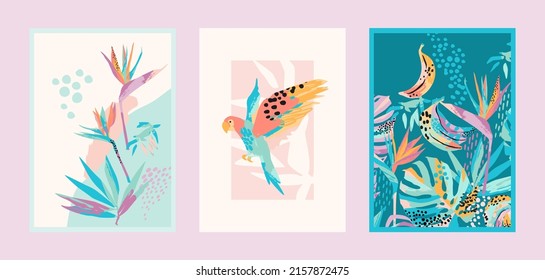 Set of art prints with abstract tropical nature. Fresh and bright colors. Modern vector design for posters, cards, cover packaging and more