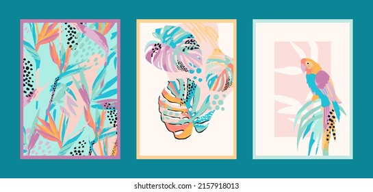 Set Of Art Prints With Abstract Tropical Nature. Fresh And Bright Colors. Modern Vector Design For Posters, Cards, Cover Packaging And More