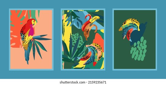 Set of art prints with abstract tropical nature. Fresh and bright colors. Modern vector design for posters, cards, cover packaging and more