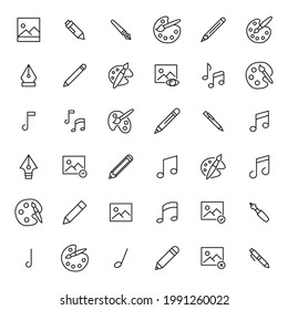 Conjunto de iconos de línea vectorial relacionados con el arte. Paquete de símbolos lineales premium. Ilustración vectorial aislada en un fondo blanco. Símbolos web para sitios web y aplicaciones móviles. Diseño de moda.
