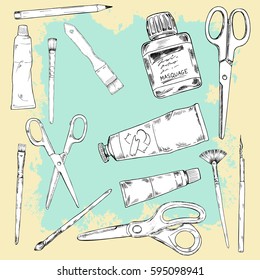 Set of art or school equipment on pastel yellow background with abstract blue brushstrokes. Hand drawn vector illustration.