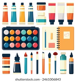 Set of art school materials. Paints, brushes, pencil, eraser, palette