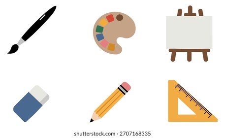 Conjunto de iconos planos de arte y útiles escolares